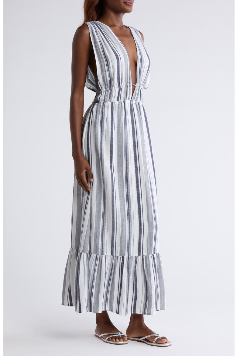 Ruched Plunge Maxi Cover-Up Dress, Alternate, color, NAVY STRIPE