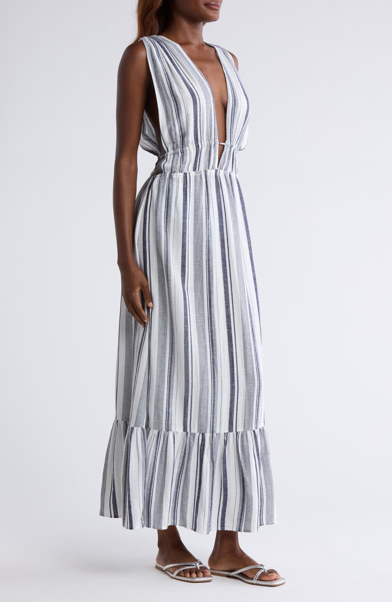 Nordstrom Ruched Plunge Maxi Cover-Up Dress, Alternate, color, Navy Stripe