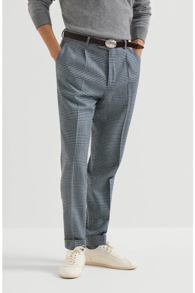 Comfort wool and cashmere Prince of Wales flannel trousers with pleat, Main, color, Cerulean