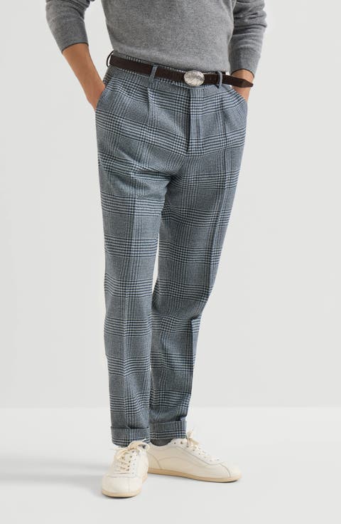 Comfort wool and cashmere Prince of Wales flannel trousers with pleat