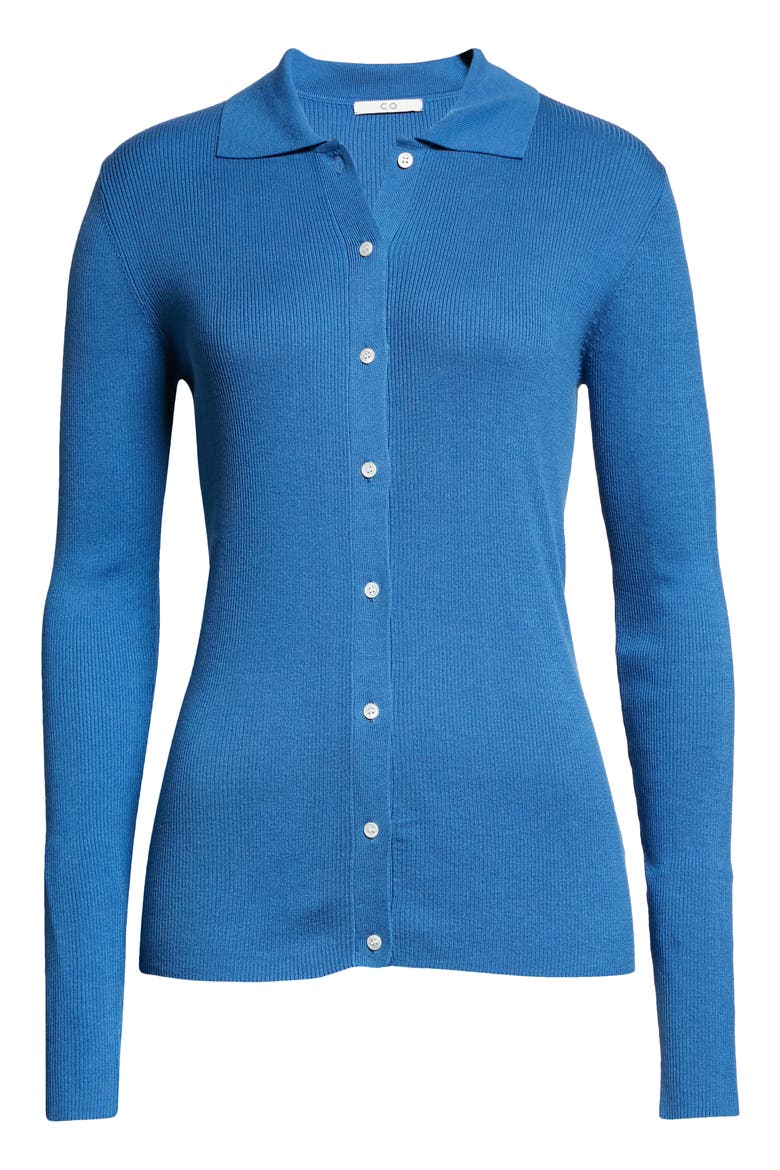 Rib Button-Up Polo Silk Sweater, Alternate, color, CORNFLOWER