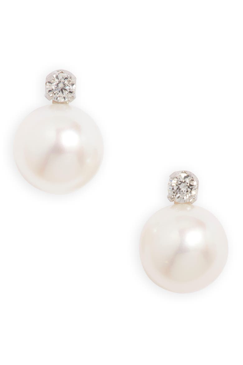 Diamond & Freshwater Pearl Stud Earrings, Main, color, WHITE- 14K WHITE GOLD