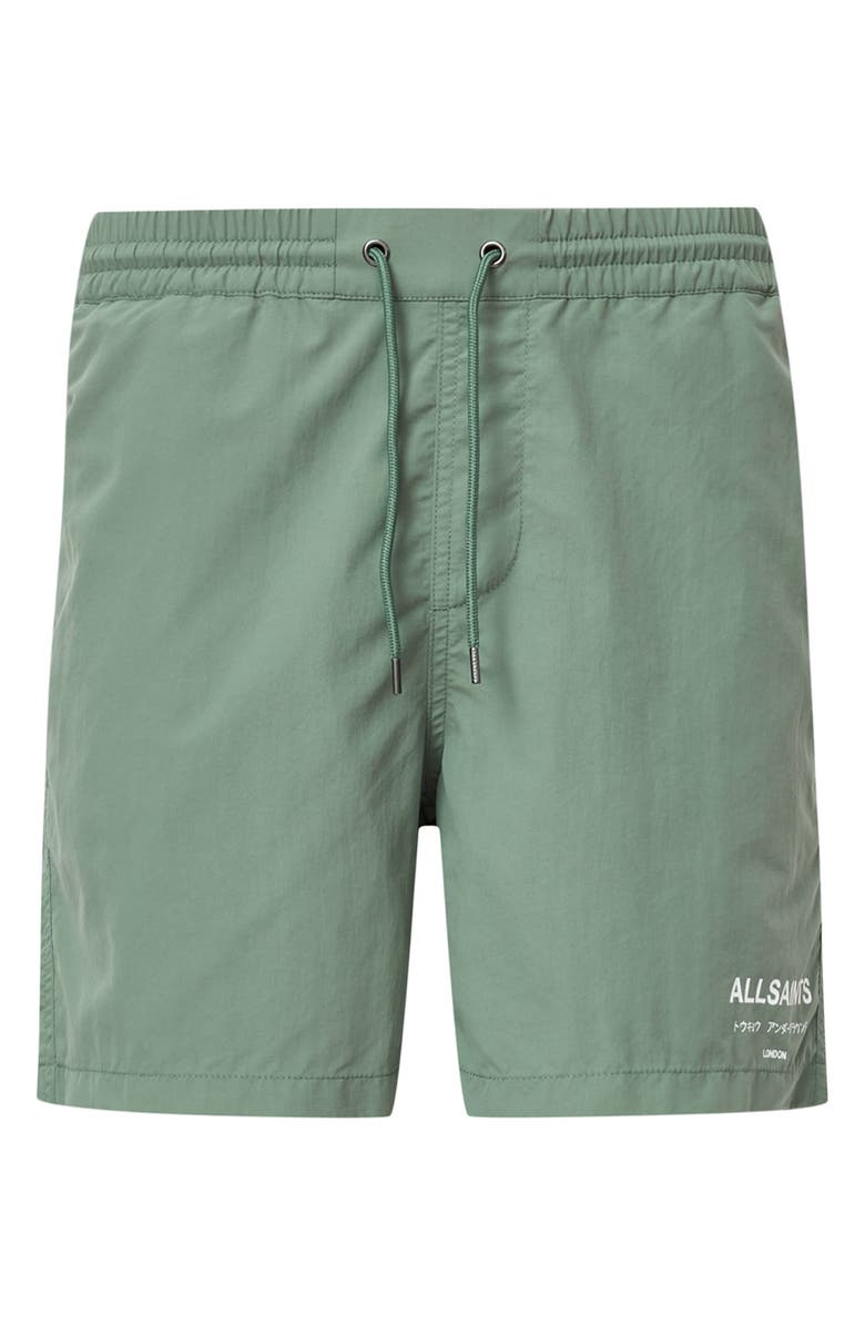 AllSaints Underground Logo Print Swim Trunks, Alternate, color, Island Green