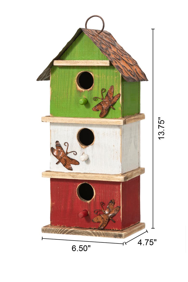 13.75"H Multicolored Three-Tiered Distressed Solid Wood Birdhouse, Alternate, color, Green