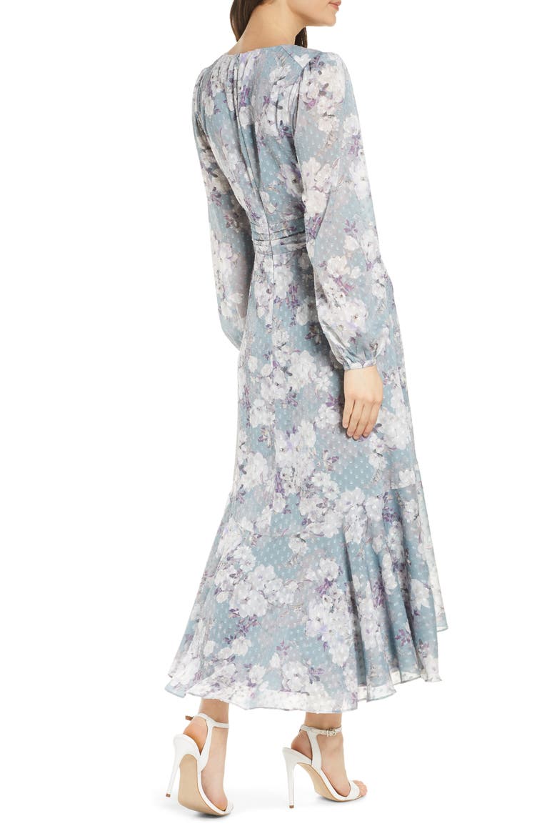 Floral Long Sleeve High/Low Midi Dress, Alternate, color, TEAL PRINT