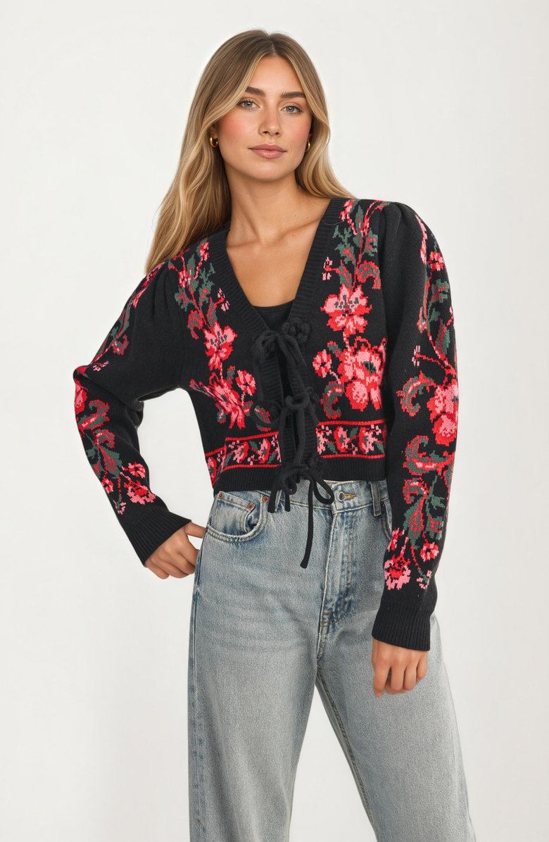 Knit and Lounge Floral Knit Tie-Front Puff-Sleeve Cardigan, Main, color, Black Floral