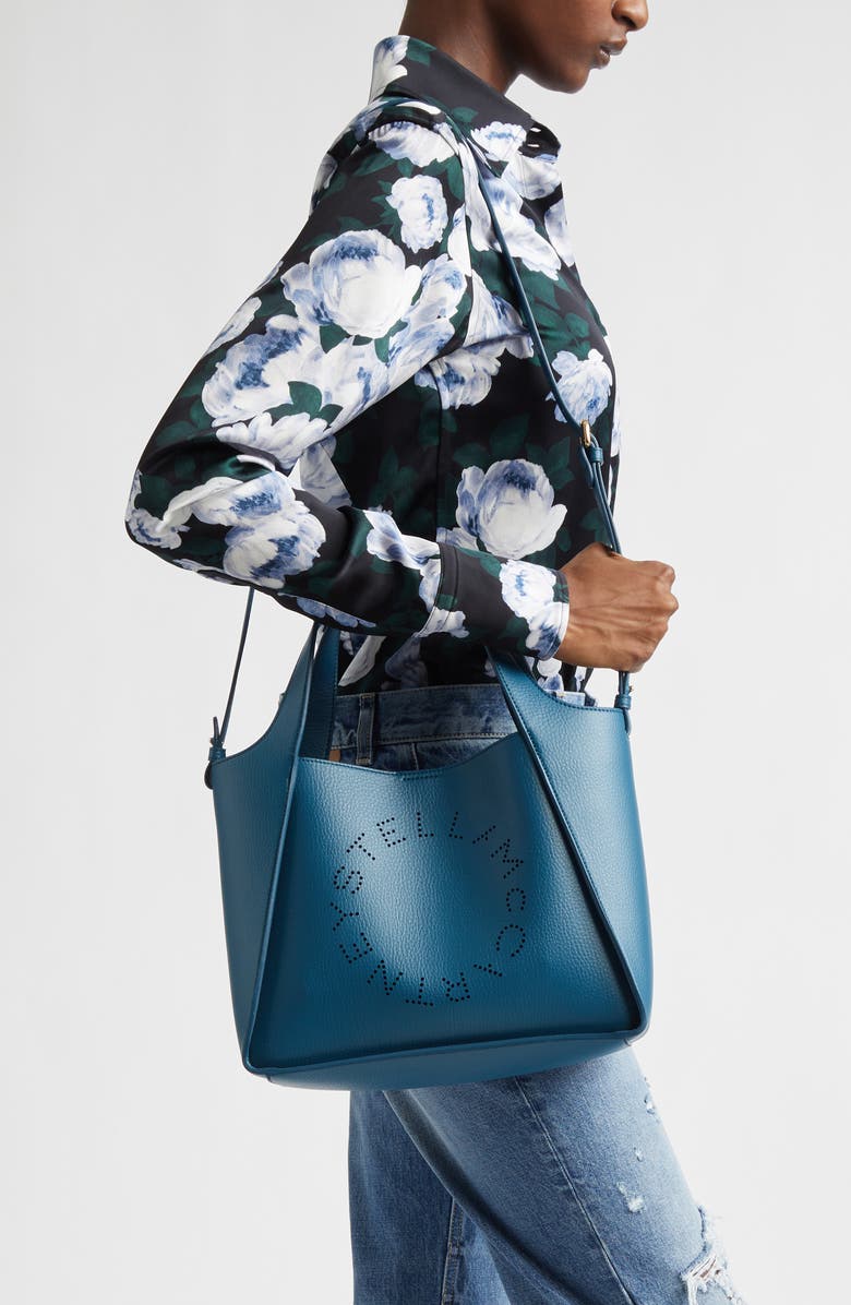 Stella McCartney Perforated Logo Grainy Faux Leather Tote, Alternate, color, Teal