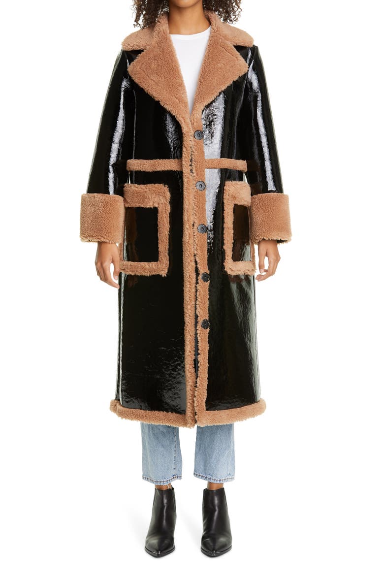 Aubrey Long Faux Patent Shearling Coat, Main, color, BLACK/ BEIGE