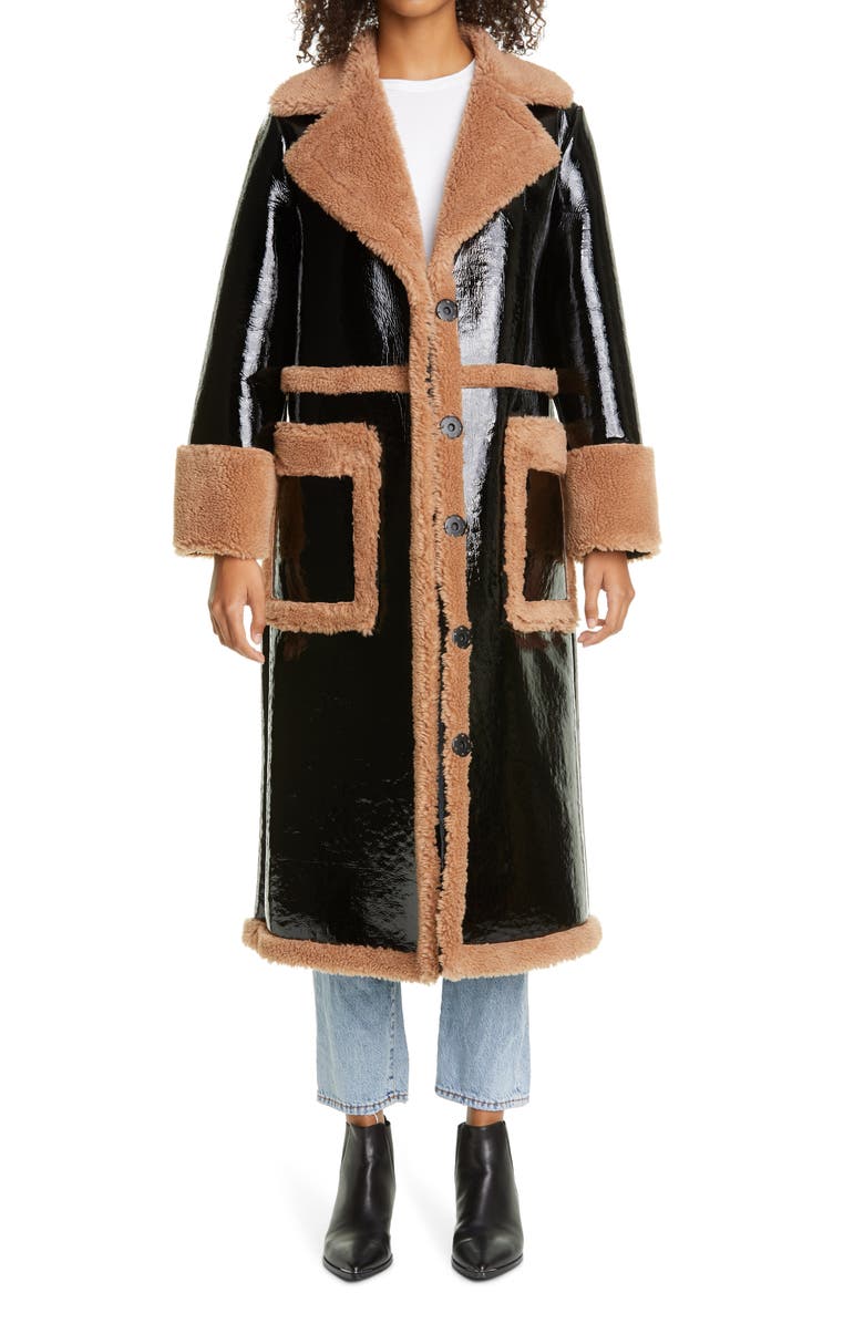 Stand Studio Aubrey Long Faux Patent Shearling Coat, Main, color, 