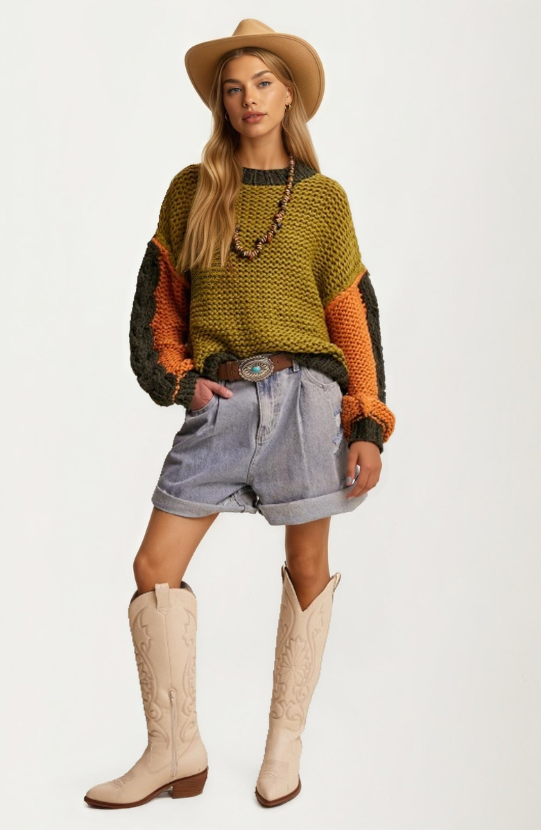 Knit and Lounge Chunky Knit Pullover Sweater, Alternate, color, Olive / Orange / Dark Green