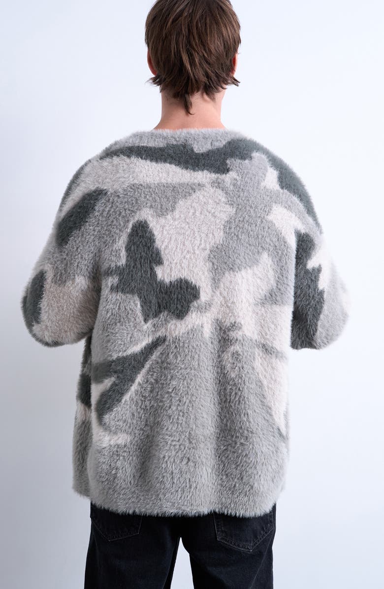 Topman Abstract Print Fuzzy V-Neck Oversize Cardigan, Alternate, color, Grey