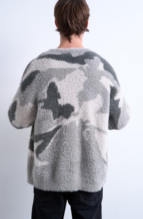 Topman Abstract Print Fuzzy V-neck Oversize Cardigan In Gray