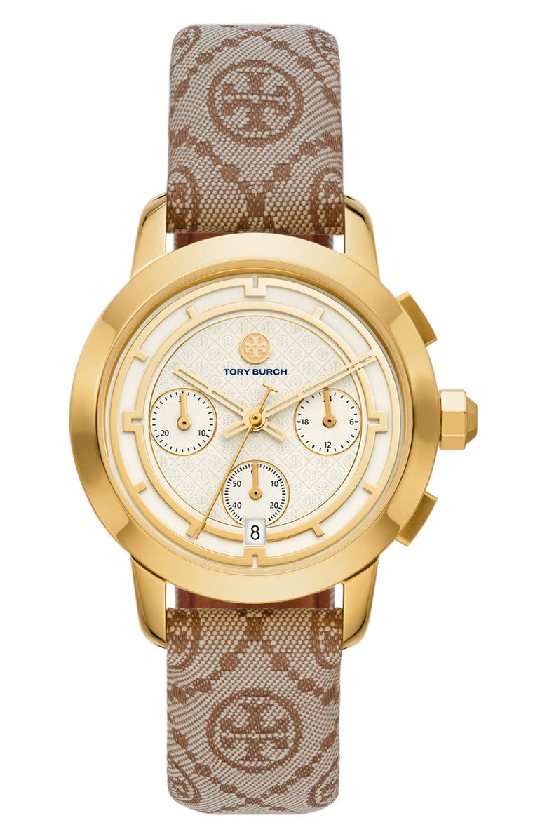 Tory Burch T-Monogram Chronograph Textile Strap Watch, 37mm, Main, color, 