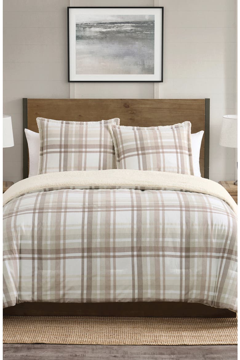 Plaid Flannel & Faux Shearling 3-Piece Comforter & Shams Set, Alternate, color, TAUPE