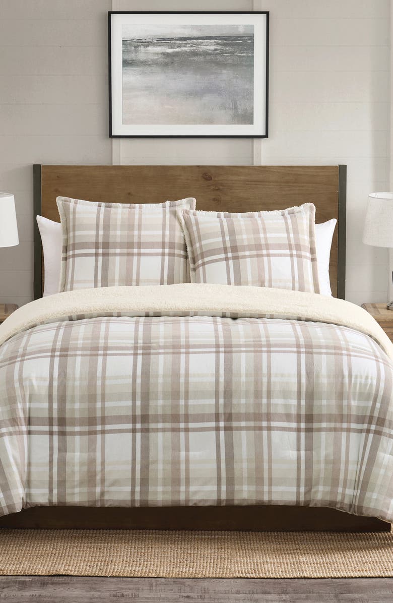 VCNY HOME Plaid Flannel & Faux Shearling 3-Piece Comforter & Shams Set, Alternate, color, Taupe