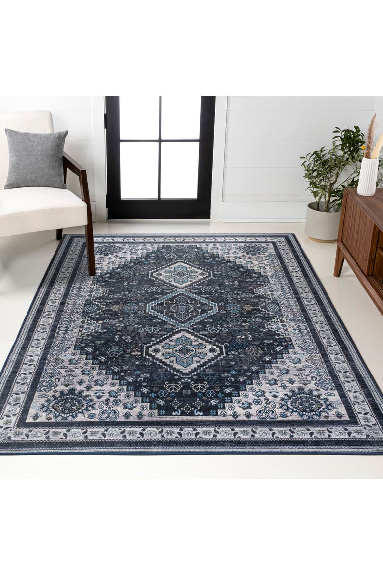 Dalyan Geometric Medallions Machine-Washable Area Rug, Alternate, color, Navy/Light Gray