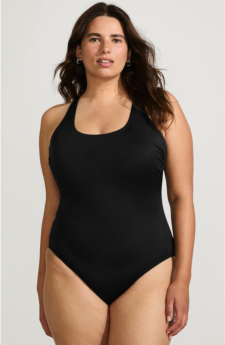 Lands' End Chlorine Resistant Scoop Neck X-Back High Leg Soft Cup Tugless Sporty One Piece Swimsuit, Main, color, Black