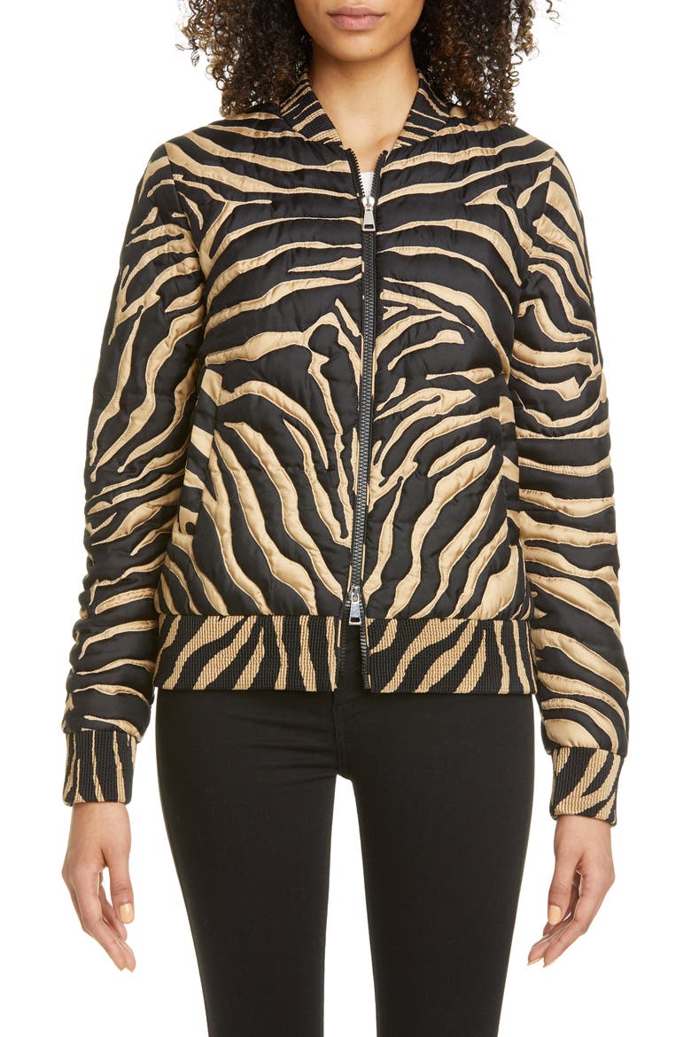 Abricot Zebra Stripe Quilted Silk Bomber Jacket, Main, color, PRINT