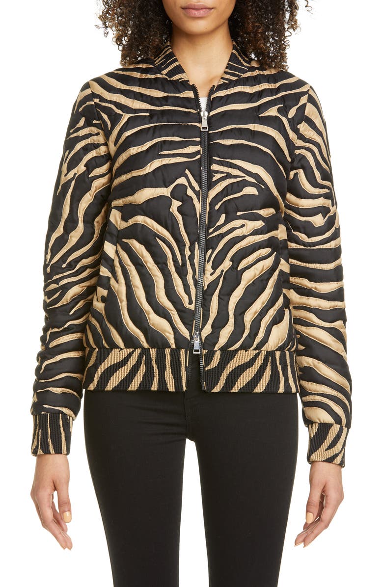 Moncler Abricot Zebra Stripe Quilted Silk Bomber Jacket, Main, color, 