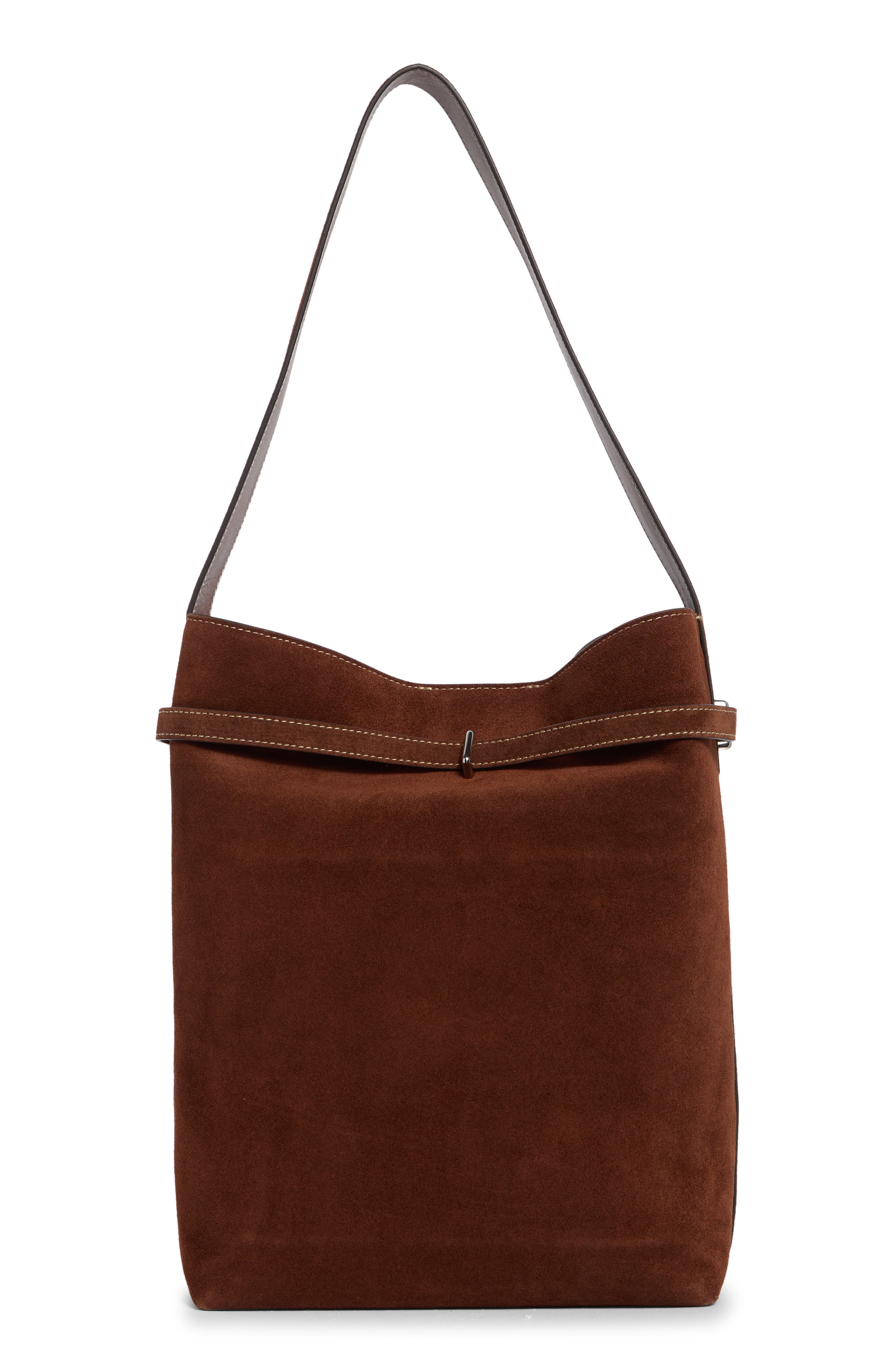 The Essential Belted Suede Bucket Tote, Alternate, color, SOFT MAHOGANY