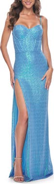 La Femme Bustier Sequin Neon Prom Dress with Lace Up Back
