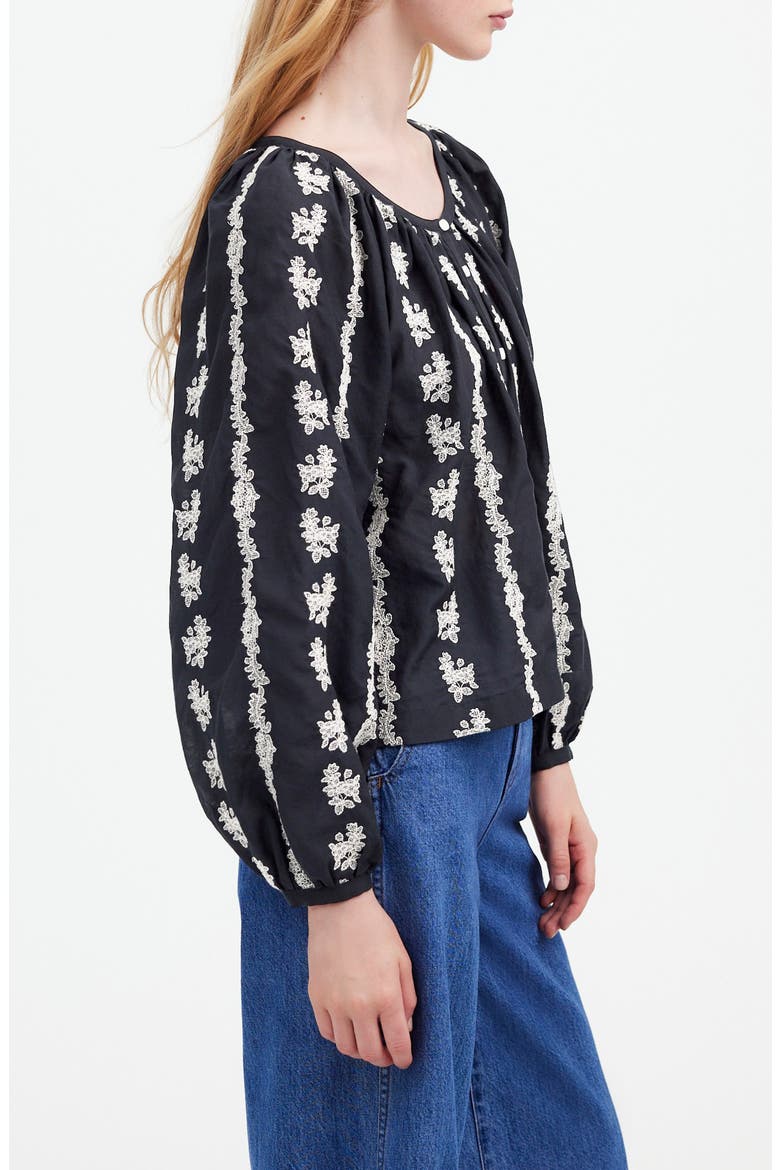 Embroidered Puff Sleeve A-Line Top, Alternate, color, TRUE BLACK