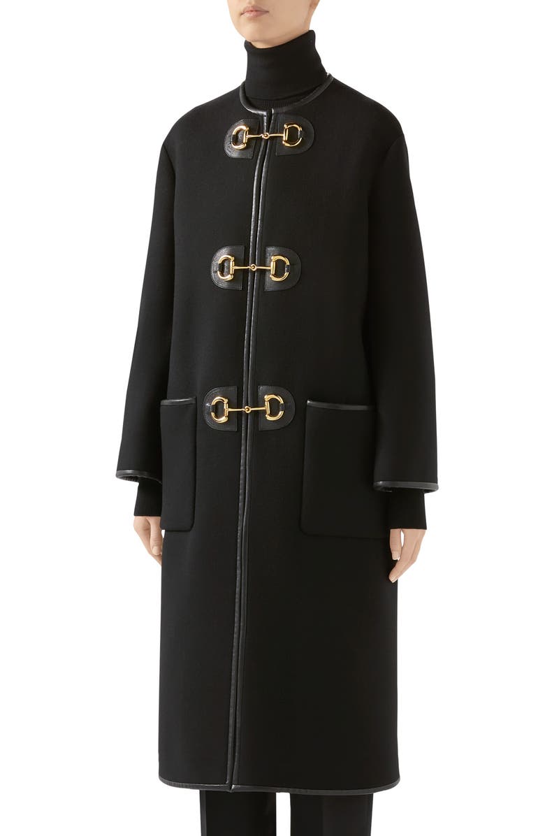 Gucci Horsebit Toggle Leather Trim Wool Blend Military Coat, Main, color, 