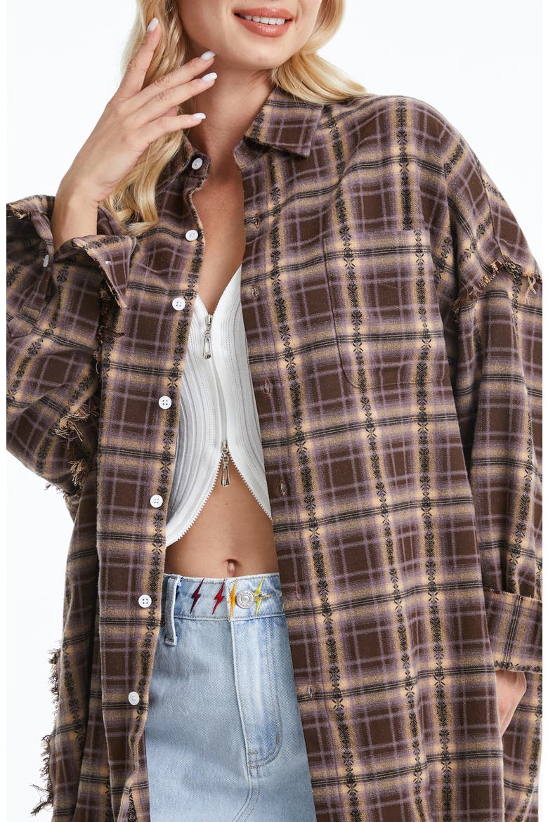 Plaid Fray Oversize Shirt, Alternate, color, BROWN/ KHAKI PLAID