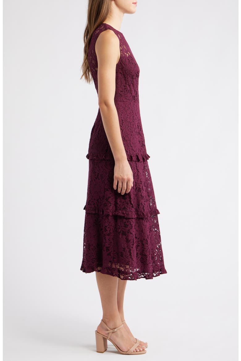 Sleeveless Tiered Ruffle Lace Midi Dress, Alternate, color, DARK CHIANTI