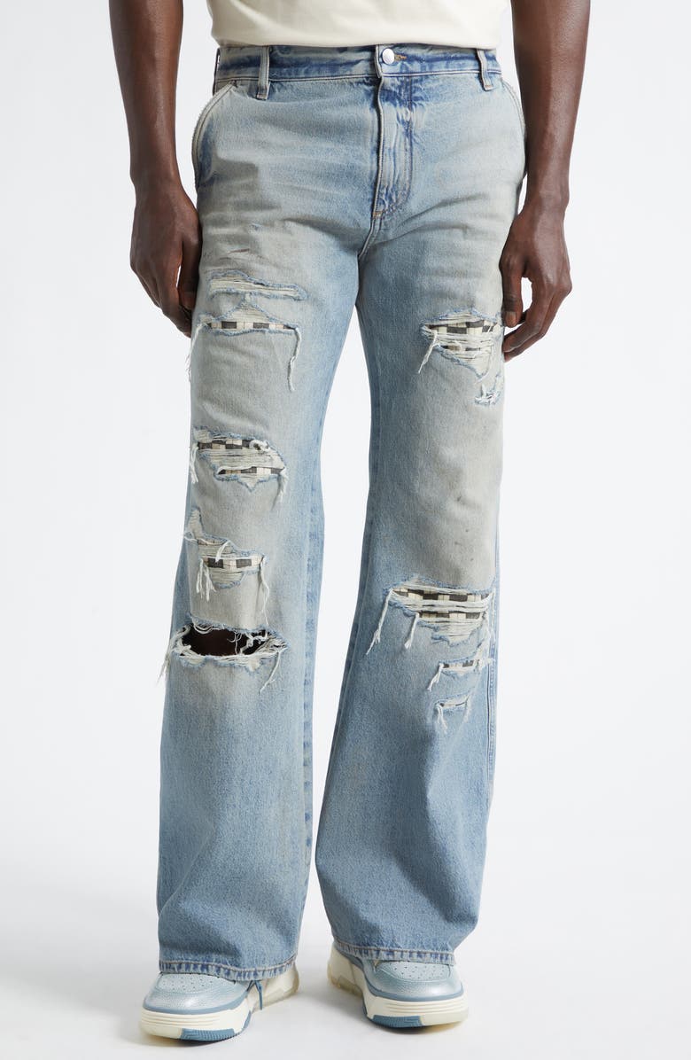 AMIRI Checkered Rip & Repair Bootcut Jeans, Main, color, Aged Indigo