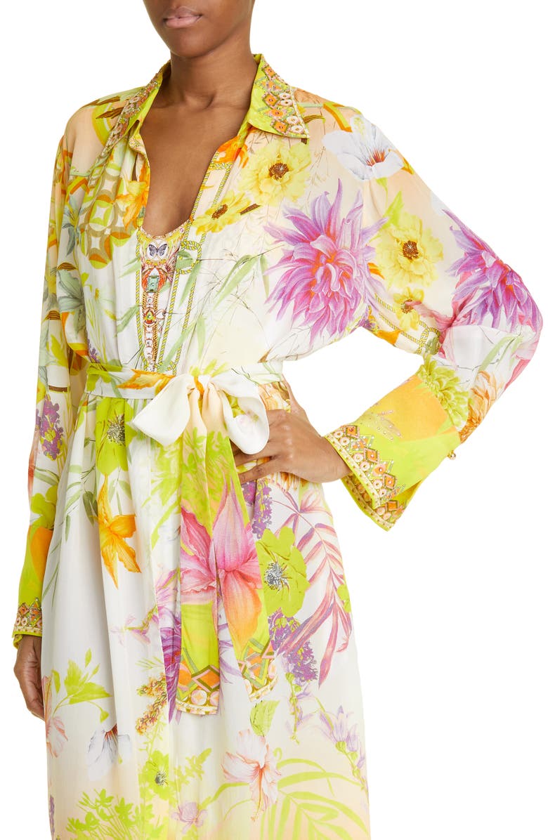 Camilla Floral Long Sleeve Silk Cover-Up Dress, Alternate, color, 