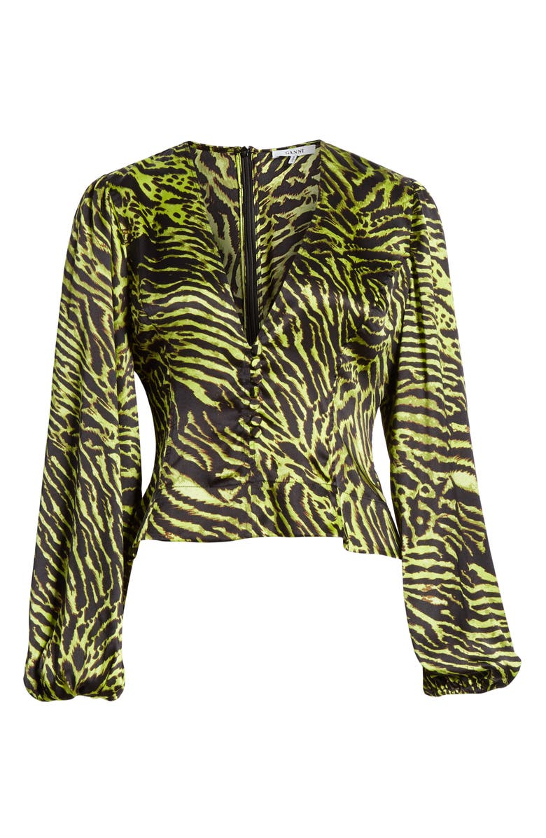 Ganni Tiger Print Silk Satin Blouse, Alternate, color, 