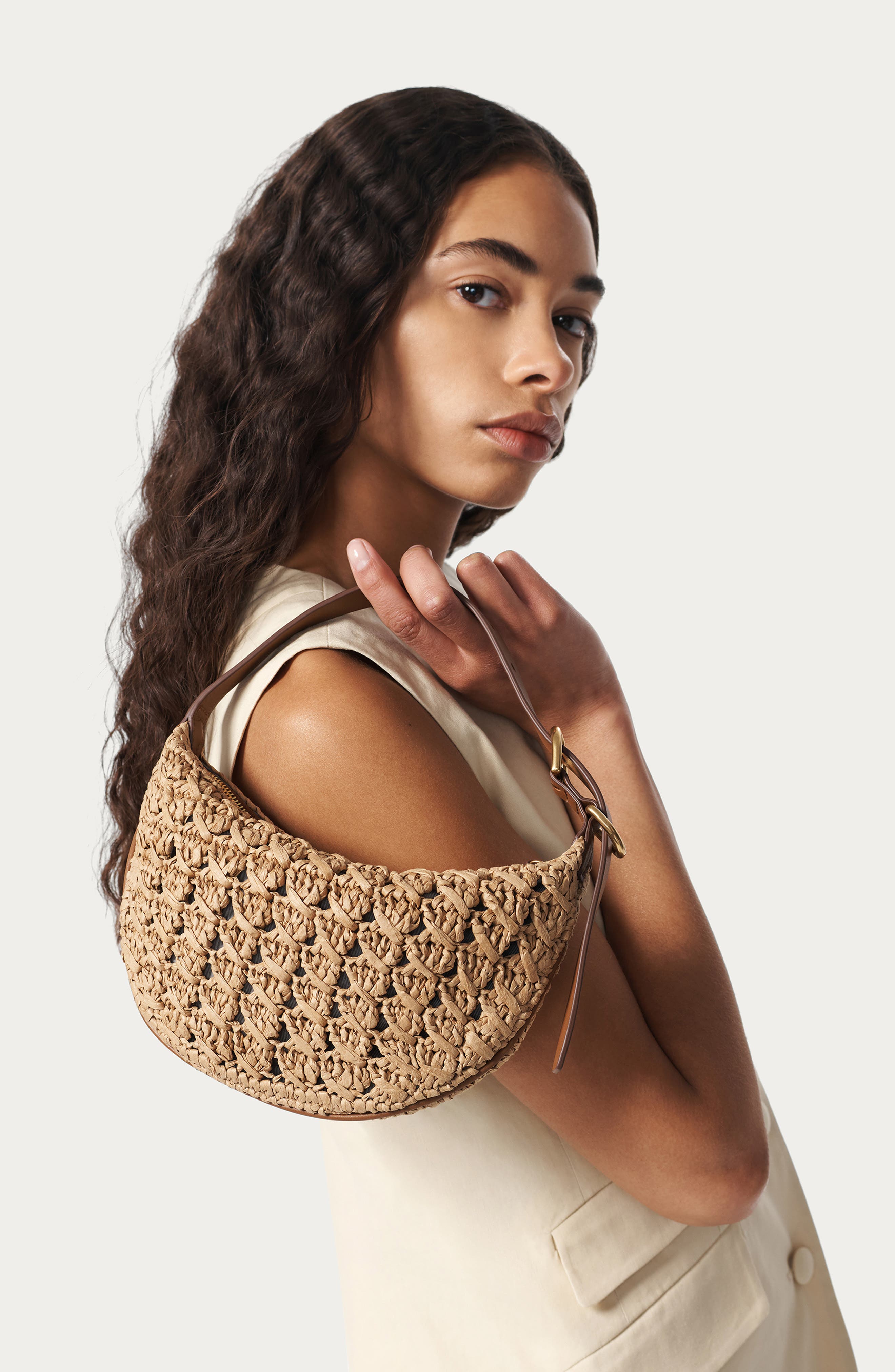 rag & bone Small Mercer Woven Straw Hobo Bag, Alternate, color, Cognac