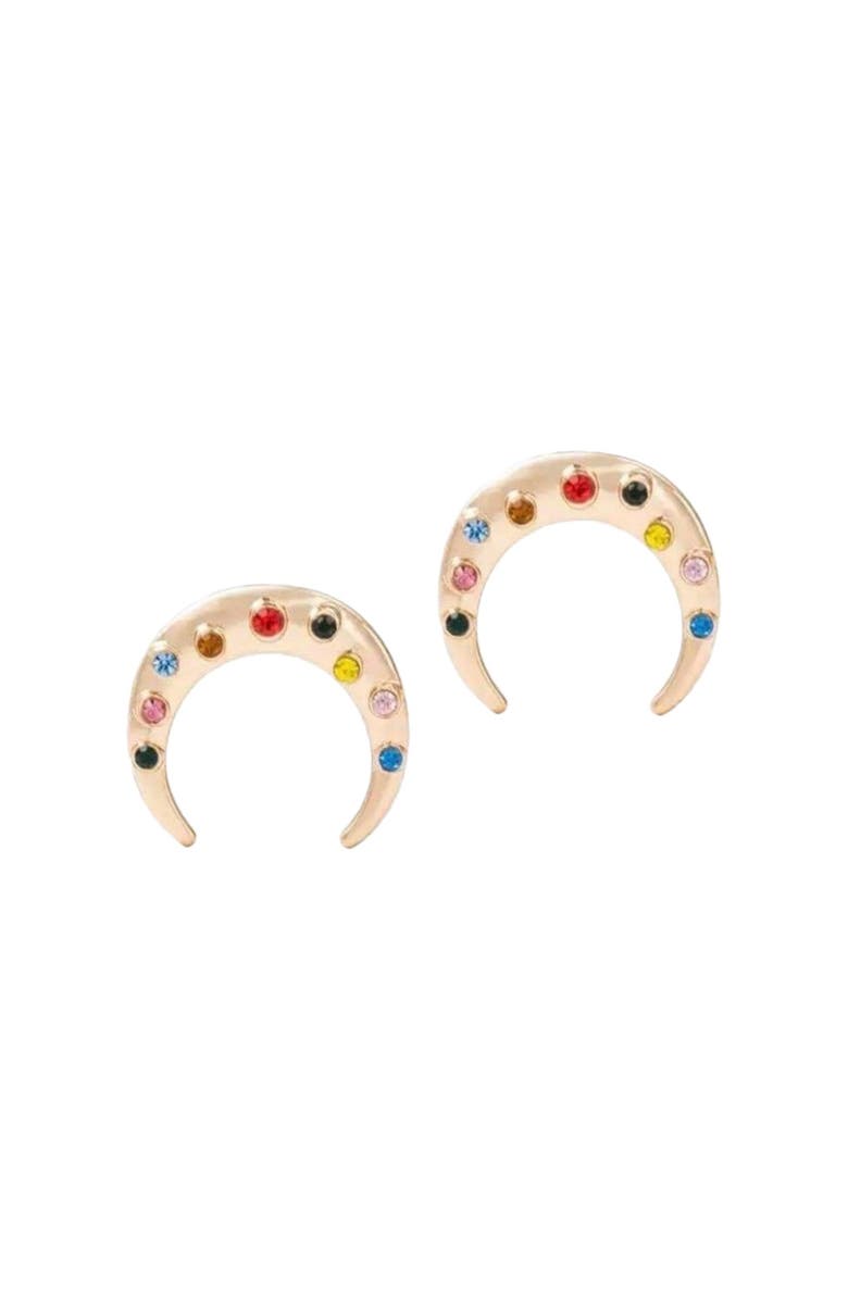 DLORIA Crescent Moon Stud Earrings with Rainbow Cubic Zirconia Stones, Main, color, 