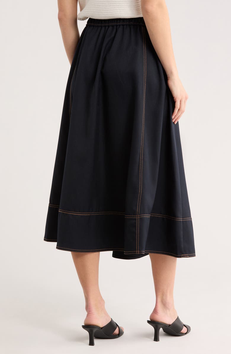 Adrianna Papell Topstitch Drawstring Waist Midi Skirt, Alternate, color, Navy/ Khaki