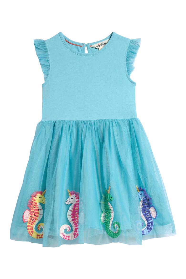 Kids' Seahorse Appliqué Mixed Media Dress, Main, color, AQUA SEA BLUE SEAHORSES