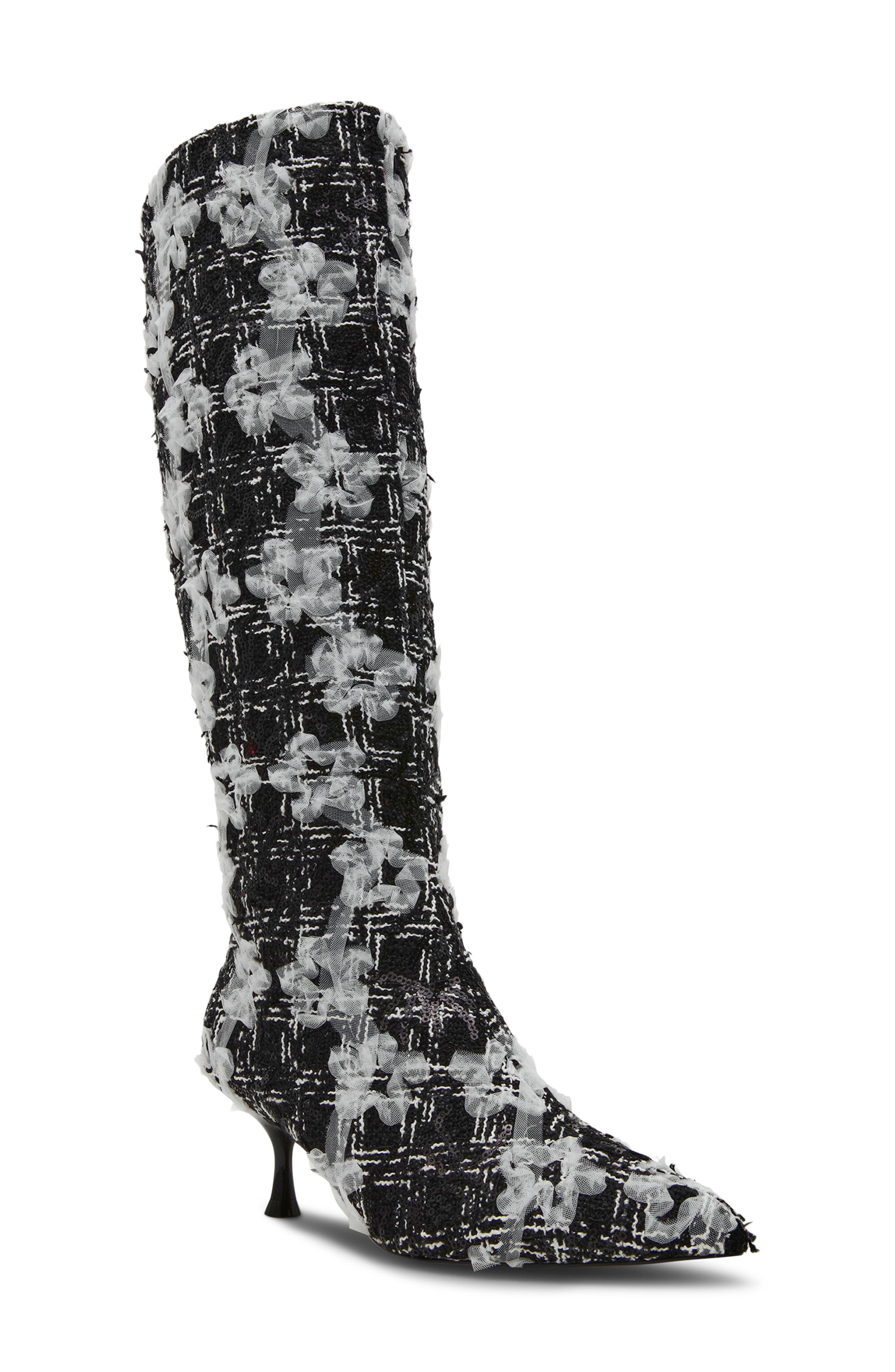 Betsey Johnson Maxxine Knee High Boot, Main, color, Black/ White Multi