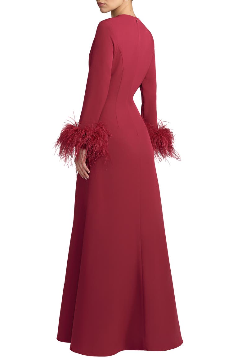 Crepe Long Sleeve A Line Gown With Feather Trim, Alternate, color, Garnet