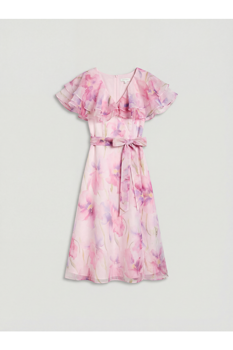 Printed Organza Ruffle Sleeve Midi Dress, Alternate, color, Pink