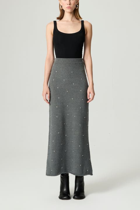 Embellished Ribbed Knit Maxi Skirt