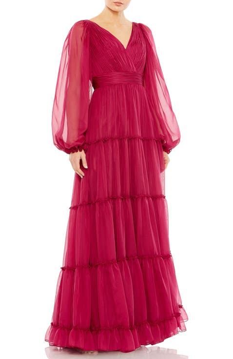 Ruffle Tiered Puff Sleeve A Line Gown