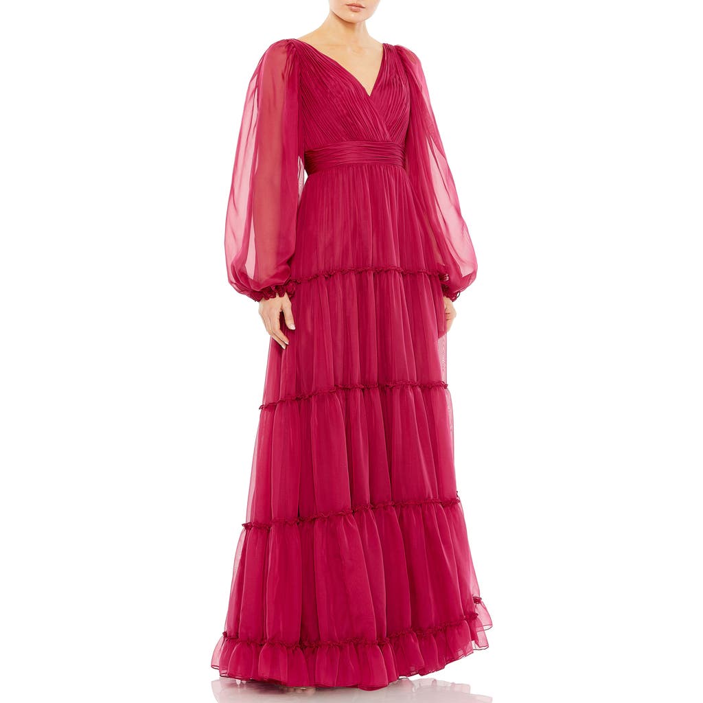 Mac Duggal Tiered Ruffle Long Sleeve Organza Gown In Berry