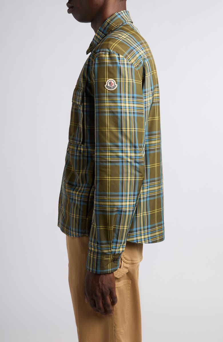 Moncler Plaid Nylon Snap-Up Shirt, Alternate, color, Green