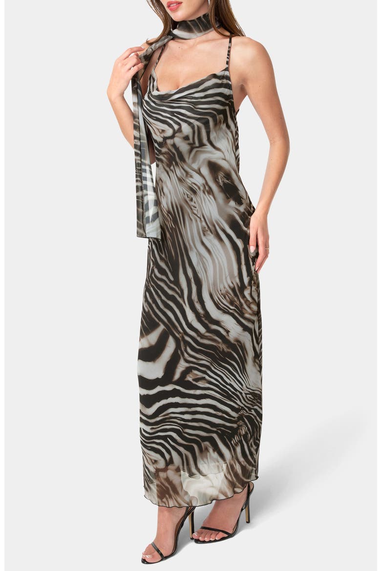 Print Chiffon Cowl Maxi Dress, Alternate, color, BROWN MULTI