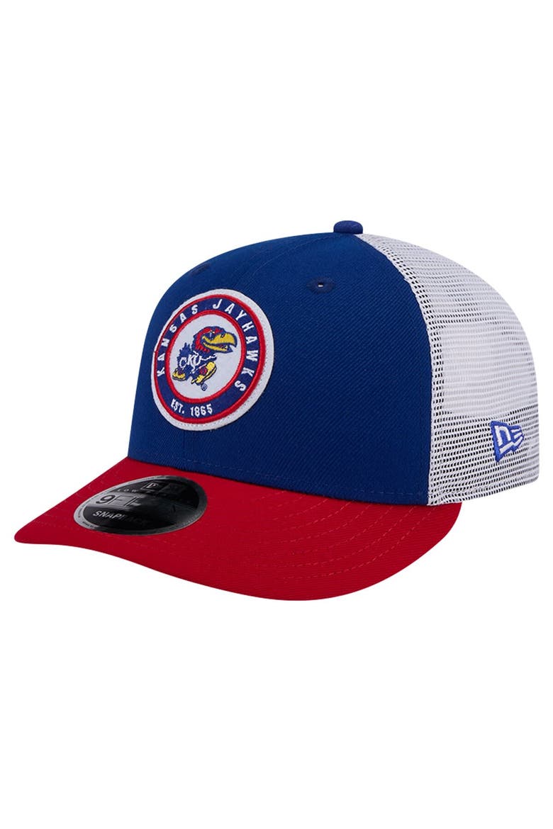 Men's New Era Royal Kansas Jayhawks Throwback Circle Patch 9FIFTY Trucker Snapback Hat, Main, color, Royal