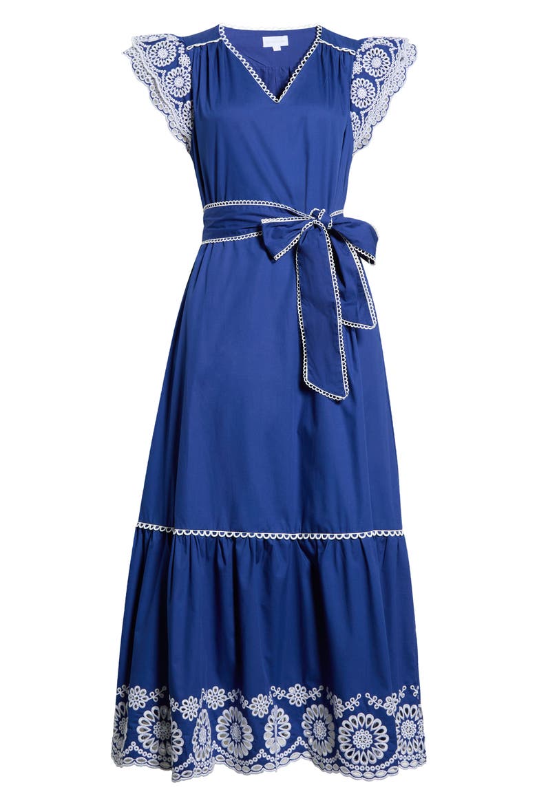 Siera Embroidered Ruffle Maxi Dress, Alternate, color, NAVY-WHITE