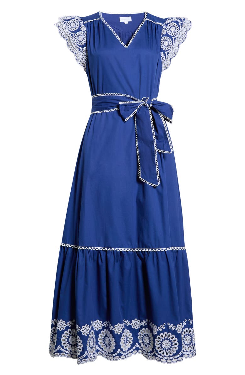 SUGARLIPS Siera Embroidered Ruffle Maxi Dress, Main, color, Navy-White