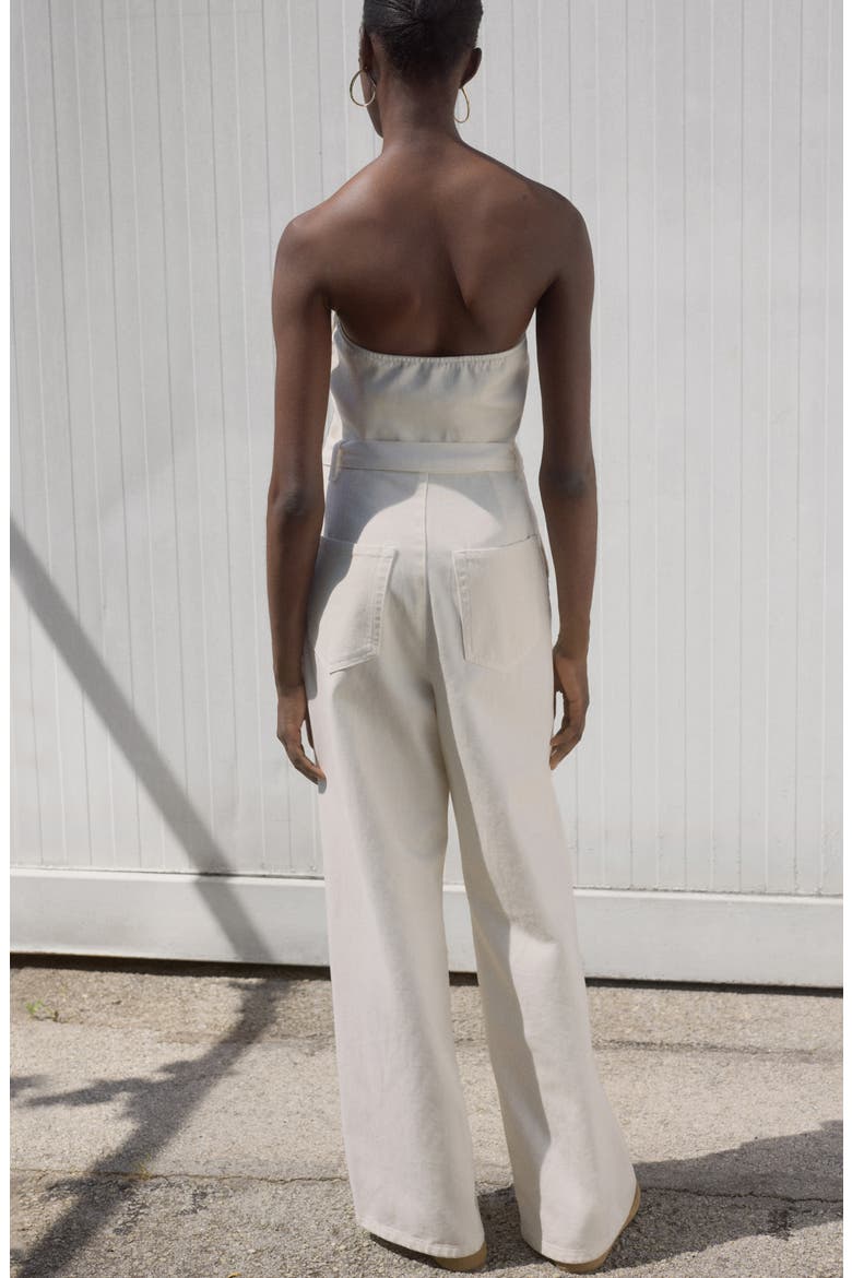 Tie Belt Strapless Denim Jumpsuit, Alternate, color, WHITE