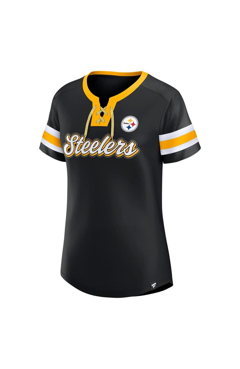 FANATICS Women's Fanatics  Black Pittsburgh Steelers True Catch Iconic Rhinestone Bling Athena Lace-Up T-Shirt, Alternate, color, Black