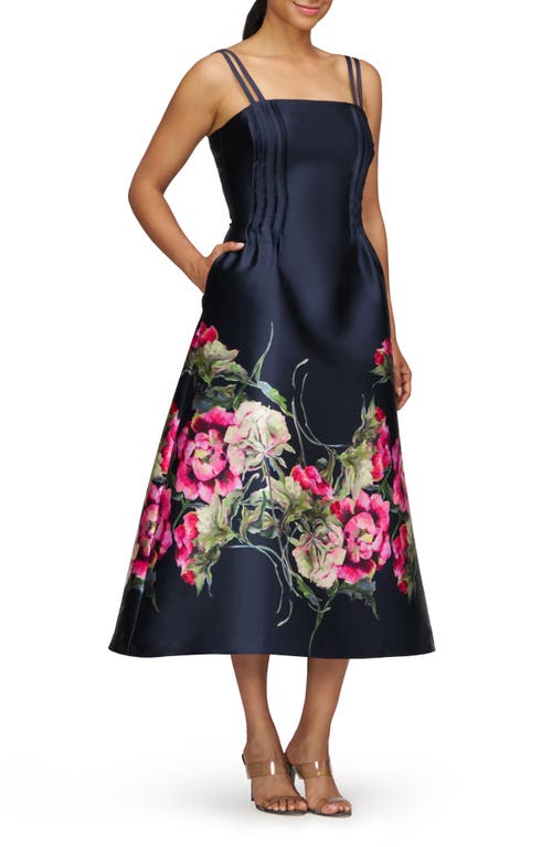 Kay Unger Margot Placed Floral A-line Cocktail Dress In Midnight Blue